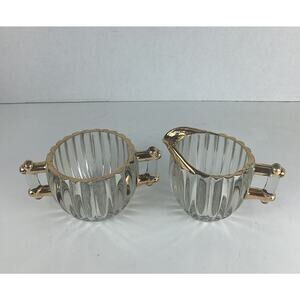 VTG Jeanette Ribbed Glass Sugar & Creamer Set Gold Accents